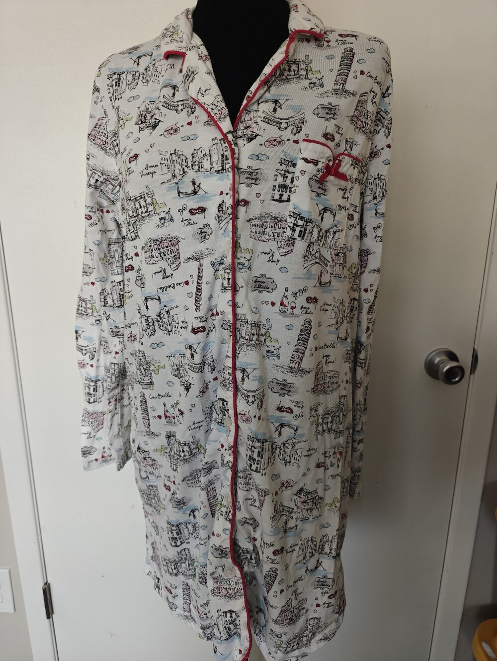 Laura Ashley White & Pink Printed Long Button Pajama Shirt